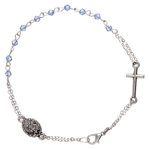 Bracelet dizainier chaîne grains 1 mm à facettes bleu ciel croix et médaille 2