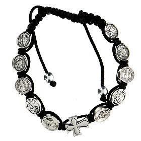 Decade bracelet with cross and saints, black cord 5 mm