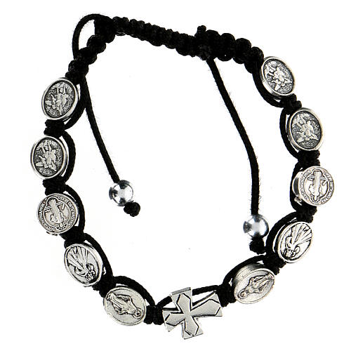 Decade bracelet with cross and saints, black cord 5 mm 1
