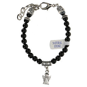 Armband mit kleinen Perlen aus schwarzem Onyx-Naturstein mit Schutzengel-Anhänger