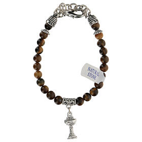 First Communion bracelet with chalice charm in natural Tiger Eye