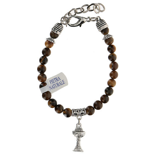 First Communion bracelet with chalice charm in natural Tiger Eye 2