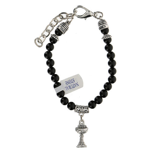 First Communion bracelet with chalice charm in natural Black onyx 1