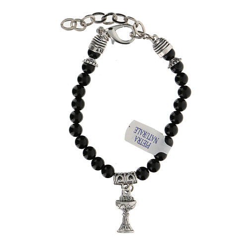First Communion bracelet with chalice charm in natural Black onyx 2