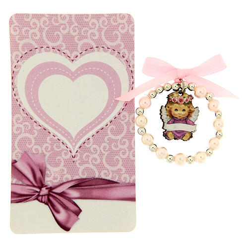 Armband mit Zehner aus Perlglas mit Engelchen aus Holz und rosa Schleife 2