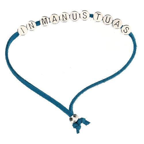 In Manus Tuas, bracelet of light blue alcantara 1