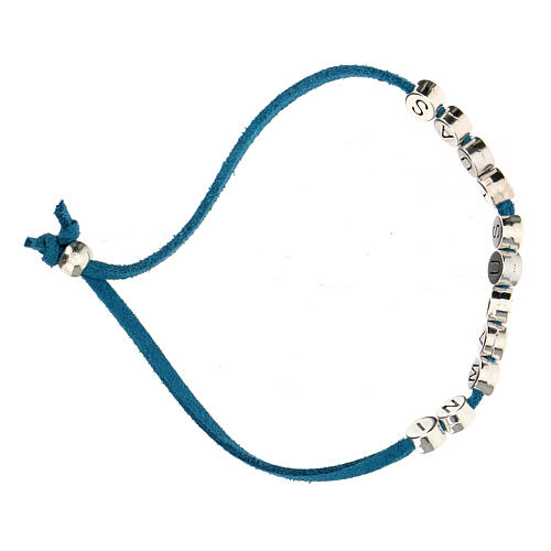 In Manus Tuas, bracelet of light blue alcantara 3