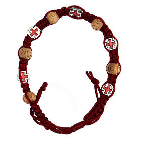 Single decade rosary bracelet of red rope, wood beads 8x6 mm