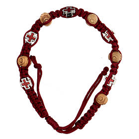 Single decade rosary bracelet of red rope, wood beads 8x6 mm