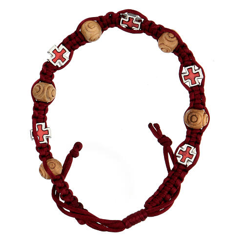 Single decade rosary bracelet of red rope, wood beads 8x6 mm 1