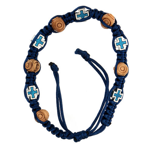Verstellbares Armband aus blauer Kordel mit Holzperlen und kleinem Kreuz, 8 x 6 mm 1