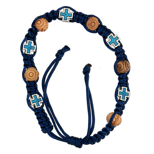 Rosary bracelet with blue adjustable string, wooden beads and crosses 8x6 mm 2