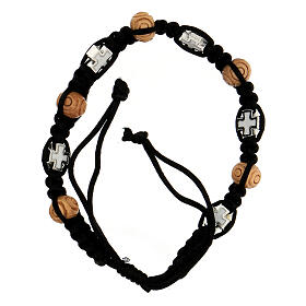 Single decade rosary bracelet of black rope, wood beads 8x6 mm and white cross