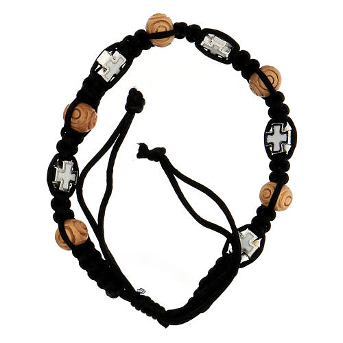 Decade rosary bracelet with black string adjustable with wooden beads white crosses 8x6 mm 2