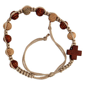 Single decade rosary bracelet of beige rope, wood beads 8x6 mm and crosses