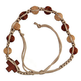 Single decade rosary bracelet of beige rope, wood beads 8x6 mm and crosses