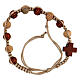 Single decade rosary bracelet of beige rope, wood beads 8x6 mm and crosses s1