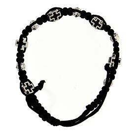 Single decade rosary bracelet with rose-shaped beads 6x7 mm and enamelled crosses, black rope