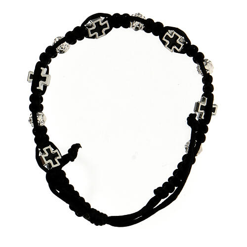 Single decade rosary bracelet with rose-shaped beads 6x7 mm and enamelled crosses, black rope 2