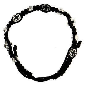 Rosary bracelet black braided rope with rosebud beads 6x7mm and enameled crosses