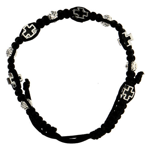 Rosary bracelet black braided rope with rosebud beads 6x7mm and enameled crosses 1