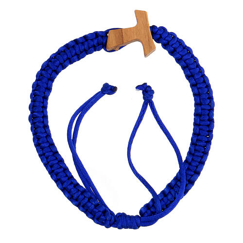 Adjustable single decade rosary bracelet of blue rope with wood tau cross 1
