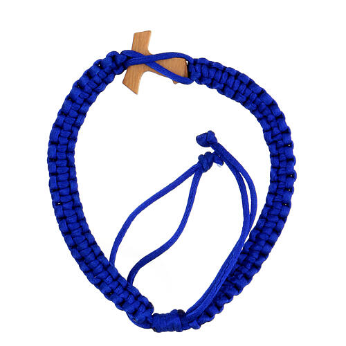 Adjustable single decade rosary bracelet of blue rope with wood tau cross 2