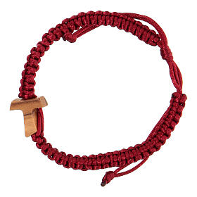 Adjustable single decade rosary bracelet of red rope with wood tau cross