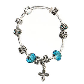 Single decade rosary bracelet with 8x10 mm light blue crystal beads and metal cross pendant