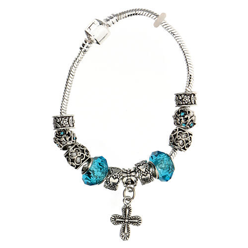 Single decade rosary bracelet with 8x10 mm light blue crystal beads and metal cross pendant 1