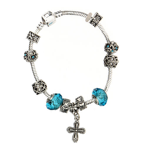 Single decade rosary bracelet with 8x10 mm light blue crystal beads and metal cross pendant 2