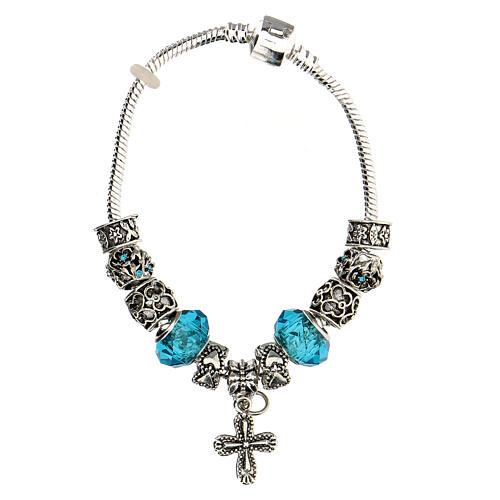 Single decade rosary bracelet with 8x10 mm light blue crystal beads and metal cross pendant 3