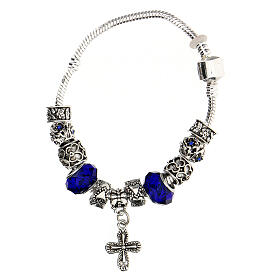 Single decade rosary bracelet with 8x10 mm blue crystal beads and metal cross pendan