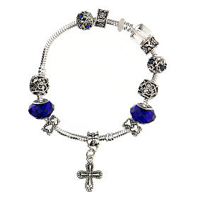 Single decade rosary bracelet with 8x10 mm blue crystal beads and metal cross pendan