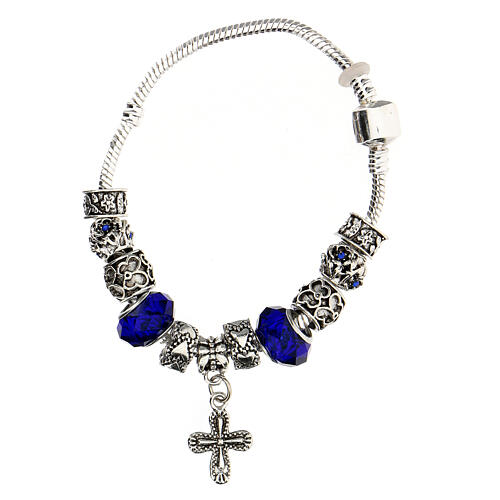 Single decade rosary bracelet with 8x10 mm blue crystal beads and metal cross pendan 1