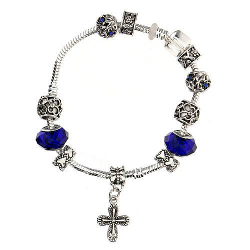 Single decade rosary bracelet with 8x10 mm blue crystal beads and metal cross pendan 2