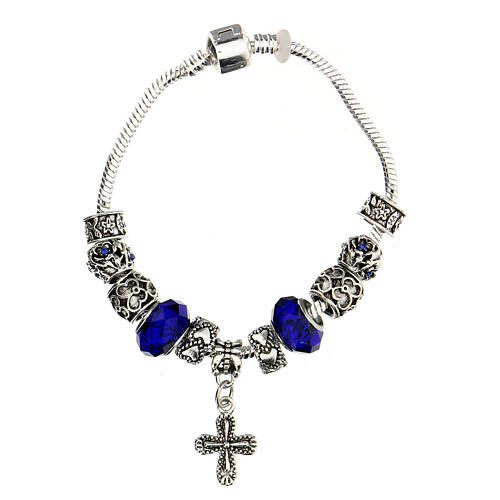 Single decade rosary bracelet with 8x10 mm blue crystal beads and metal cross pendan 3