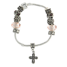 Single decade rosary bracelet with 8x10 mm pink crystal beads and metal cross pendant