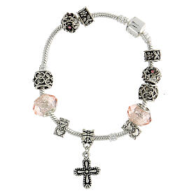 Single decade rosary bracelet with 8x10 mm pink crystal beads and metal cross pendant