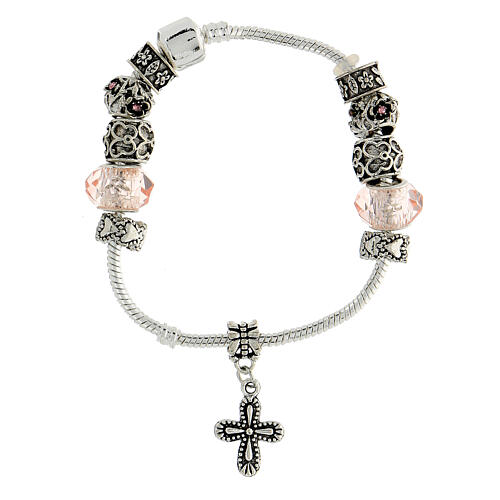 Single decade rosary bracelet with 8x10 mm pink crystal beads and metal cross pendant 1