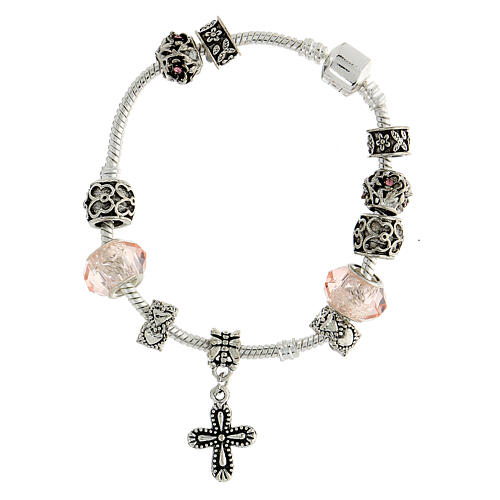 Single decade rosary bracelet with 8x10 mm pink crystal beads and metal cross pendant 2