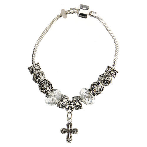 Single decade rosary bracelet with 8x10 mm crystal beads and metal cross pendant 1