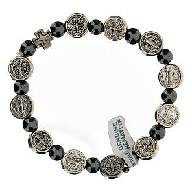 Single decade rosary bracelet with 7 mm hematite beads and zamak medals