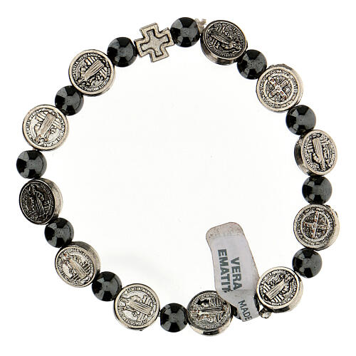 Single decade rosary bracelet with 7 mm hematite beads and zamak medals 1