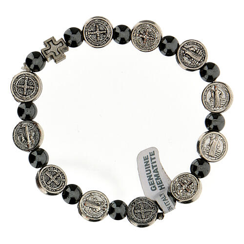 Single decade rosary bracelet with 7 mm hematite beads and zamak medals 2
