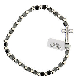 Single decade rosary bracelet with 3 mm hematite beads and cross
