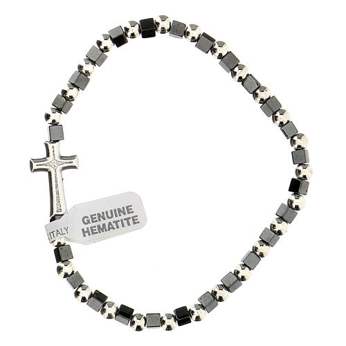 Single decade rosary bracelet with 3 mm hematite beads and cross 2