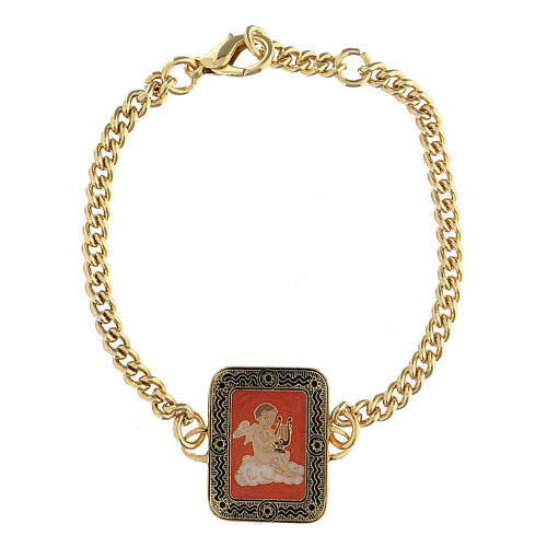 Copper bracelet with gilt enamelled angel medal red 1