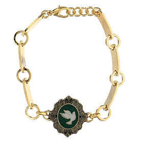 Green enamel dove bracelet in golden brass