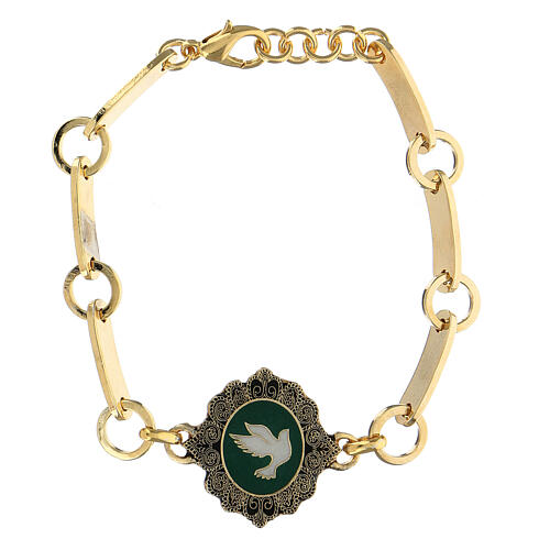 Green enamel dove bracelet in golden brass 1
